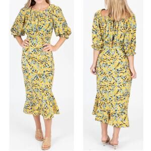 Saloni Grace Floral Sundance Off the Shoulder Yellow Midi Dress Size 4